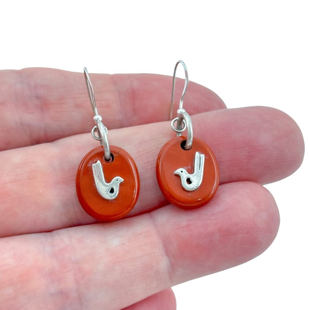 Vintage Sterling Silver 925 Red Jasper Bird Dangle Earrings
